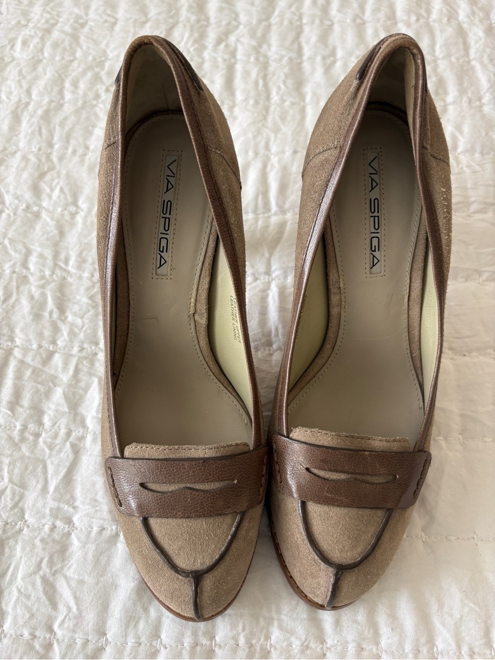 Via Spiga Taupe and Brown Suede Leather Loafers